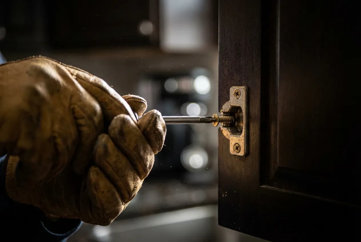 Sostituire frigo da incasso con uno normale: Guida 2024 Gros plan sur des mains en train de dévisser la charnière d'un meuble de cuisine, illustrant le démontage d'un frigo encastrable.