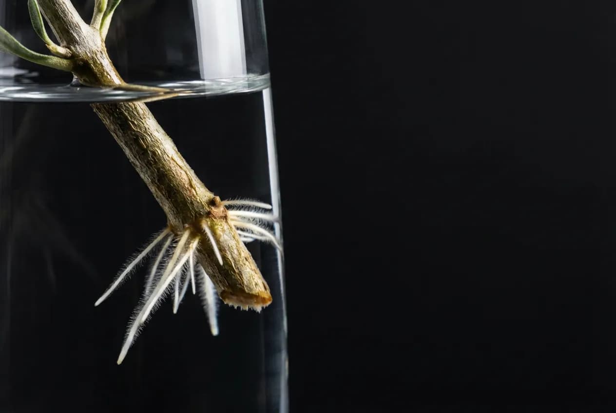 Talea di olivo in acqua: guida completa passo dopo passo Primo piano macro delle delicate radici bianche che spuntano da una talea di olivo immersa in acqua, su uno sfondo scuro che ne esalta i dettagli.