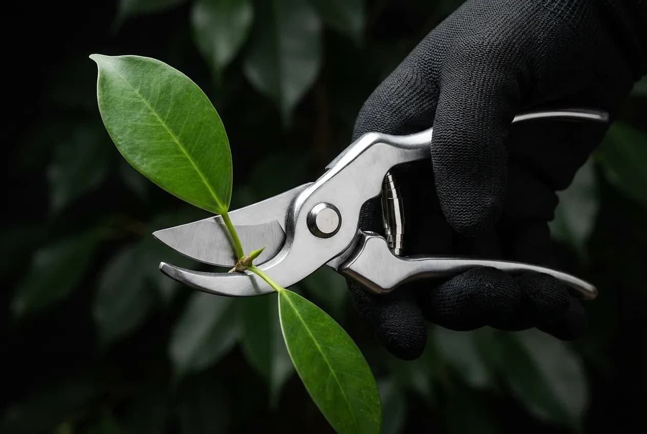 Come potare il ficus troppo alto: guida pratica e sicura Gros plan sur une main gantée utilisant un sécateur professionnel pour tailler une branche de ficus sur un fond sombre.