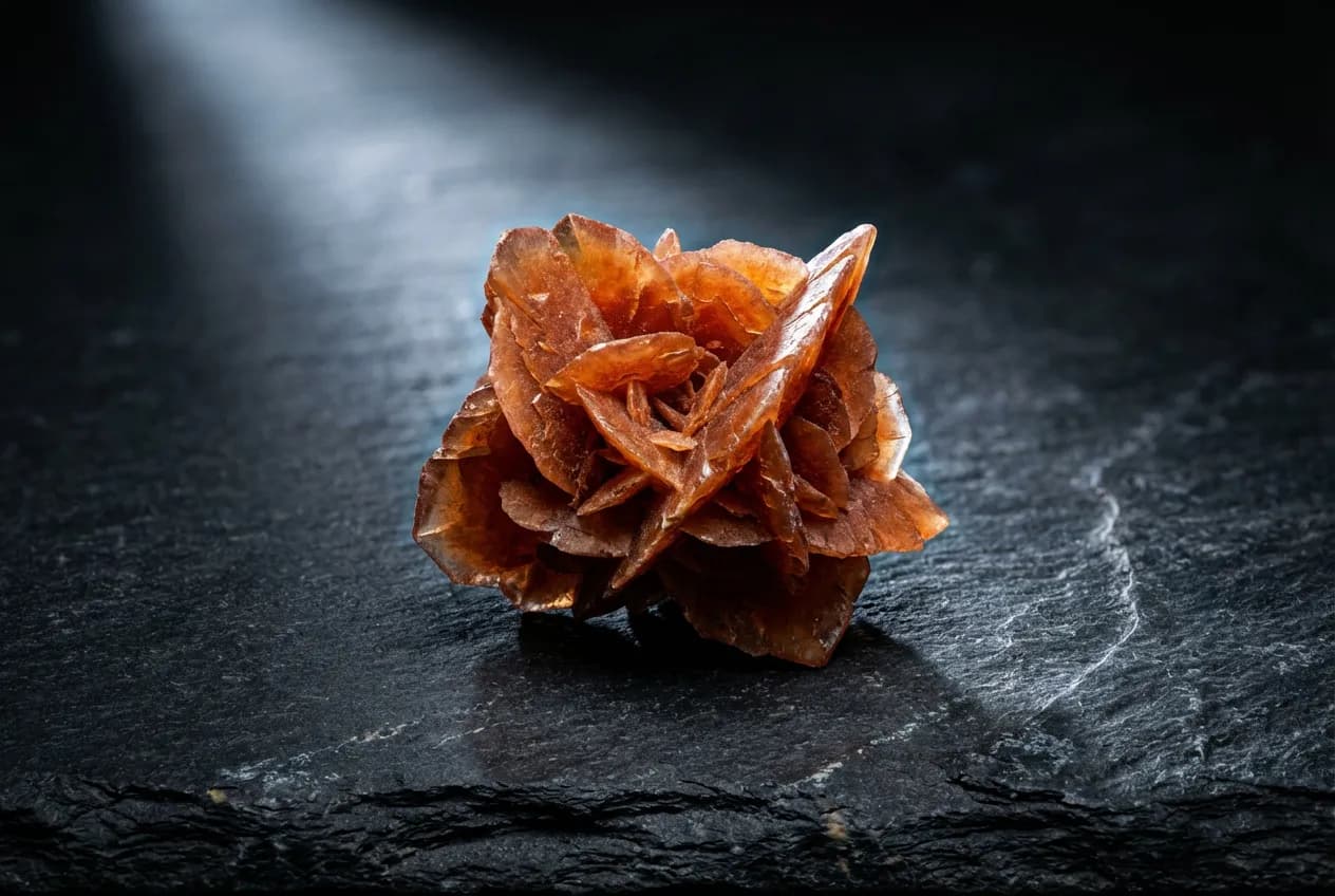 Rosa del Deserto Colorata in Acqua: Guida per non rovinarla Gros plan iconique d'une rose du désert égyptienne aux couleurs vives et artificielles, posée sur un fond sombre et texturé qui fait ressortir sa forme unique.