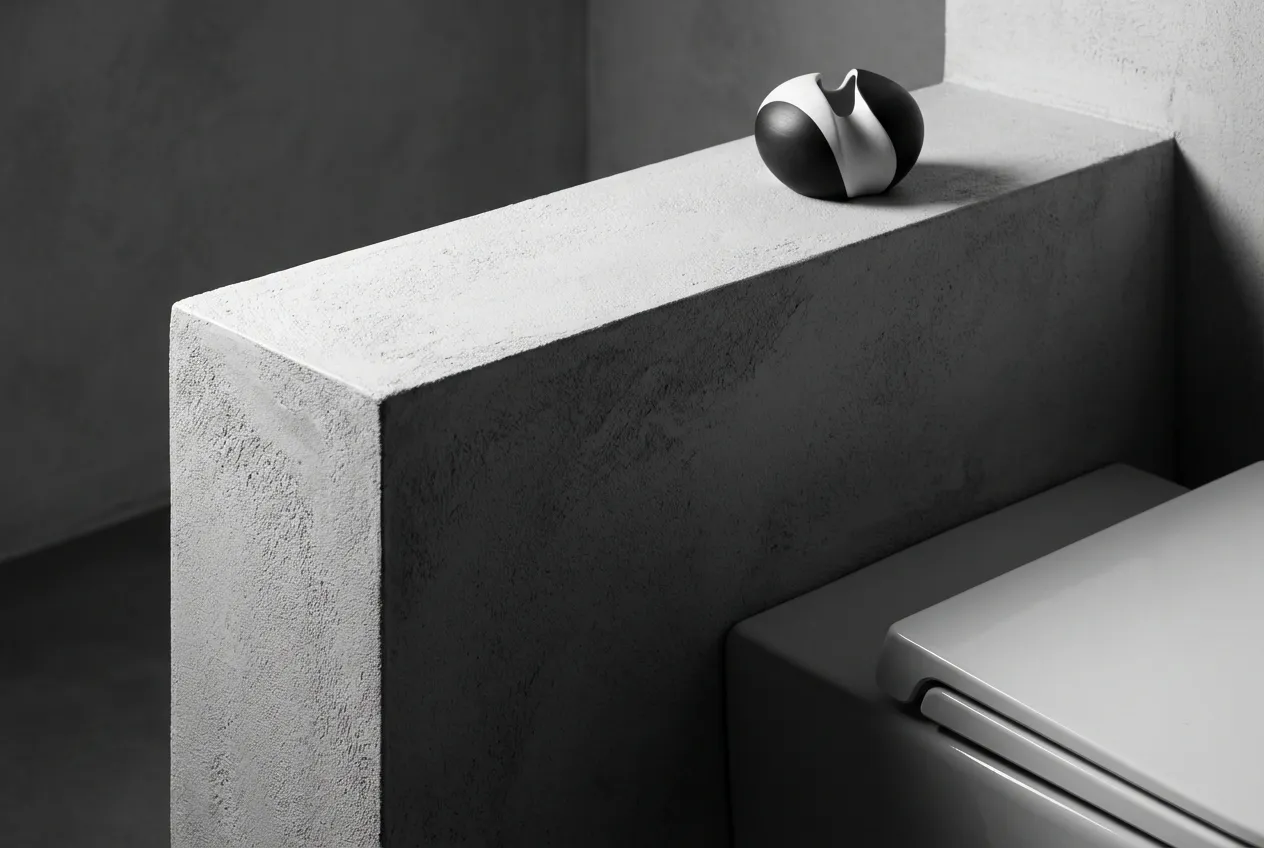 Altezza Muretto Sanitari: Guida a Misure e Standard 2024 Gros plan sur le coin d'un muret technique derrière un sanitaire, soulignant la précision de la hauteur et des matériaux.