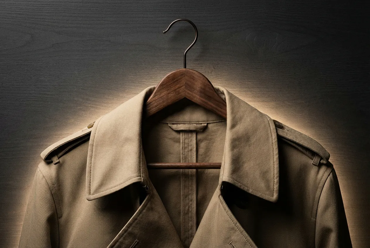 Cabina Armadio Profondità 1 Metro: Guida e Idee Salvaspazio Dettaglio di un appendiabiti in legno con un trench in una cabina armadio profonda 1 metro, simbolo di organizzazione e stile.