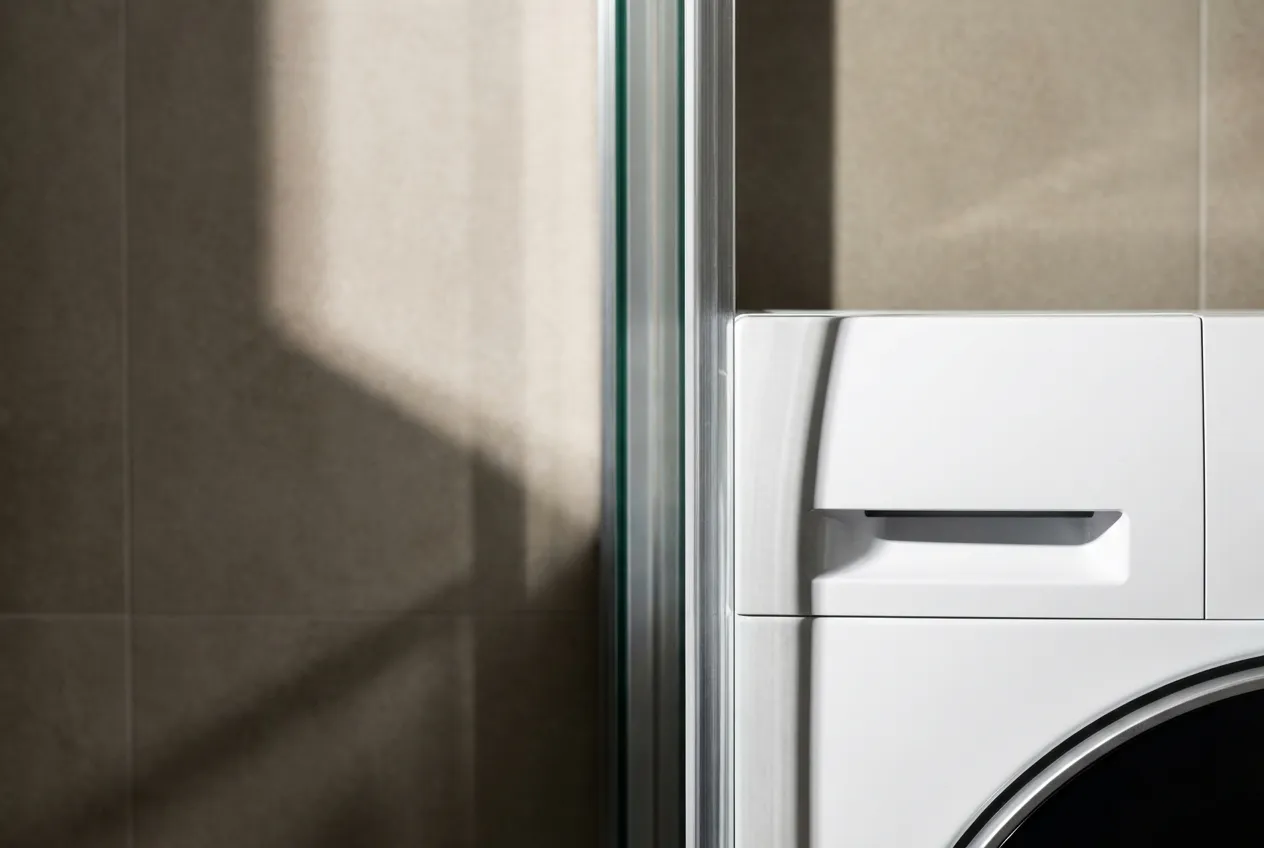 Doccia e Lavatrice Vicine: Guida a Norme e Soluzioni Gros plan minimaliste montrant la proximité entre le coin d'une machine à laver et une paroi de douche en verre, symbolisant la cohabitation d'une douche et d'une lavatrice.