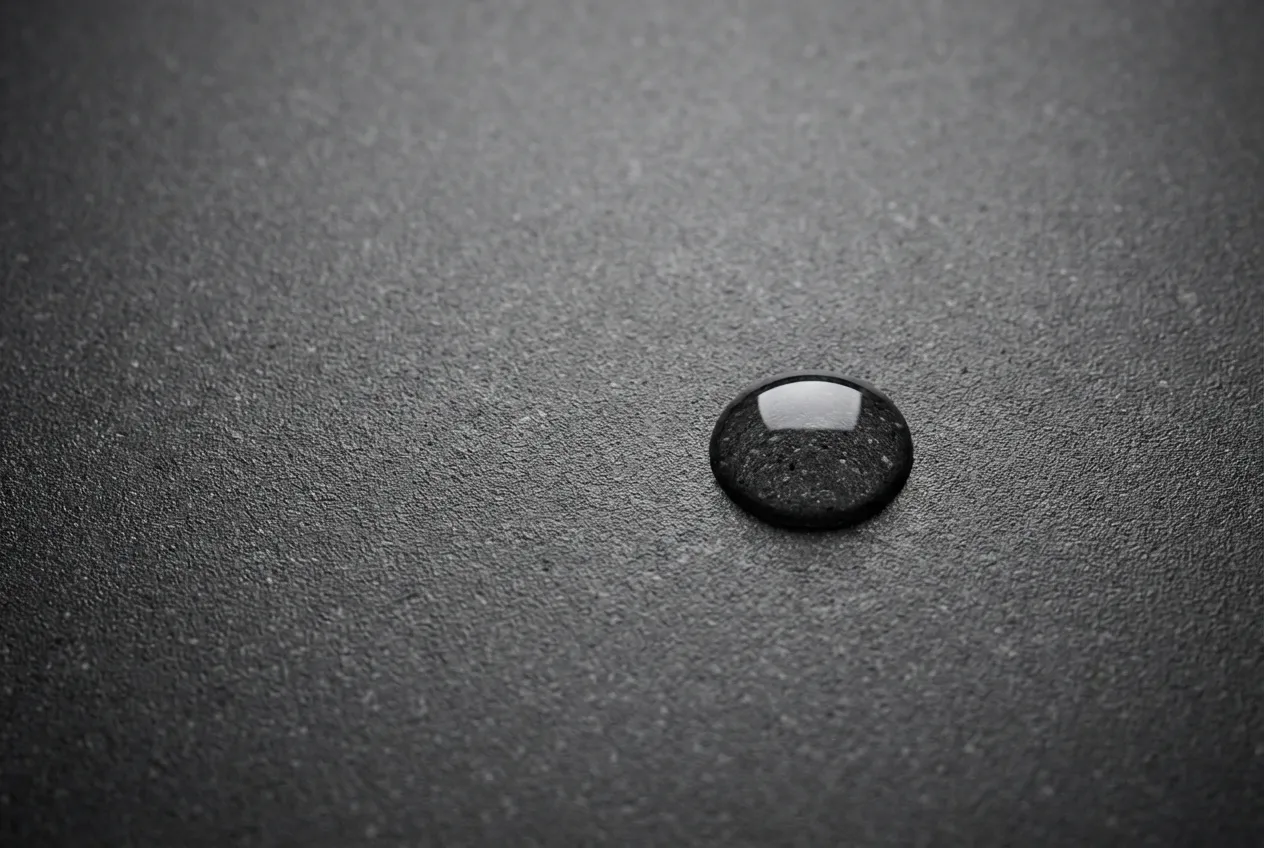 Granitek: Opinioni, Pro, Contro e Pulizia del Lavello Gros plan sur la texture d'un évier en Granitek gris anthracite avec une goutte d'eau perlant à la surface, illustrant ses propriétés hydrofuges.