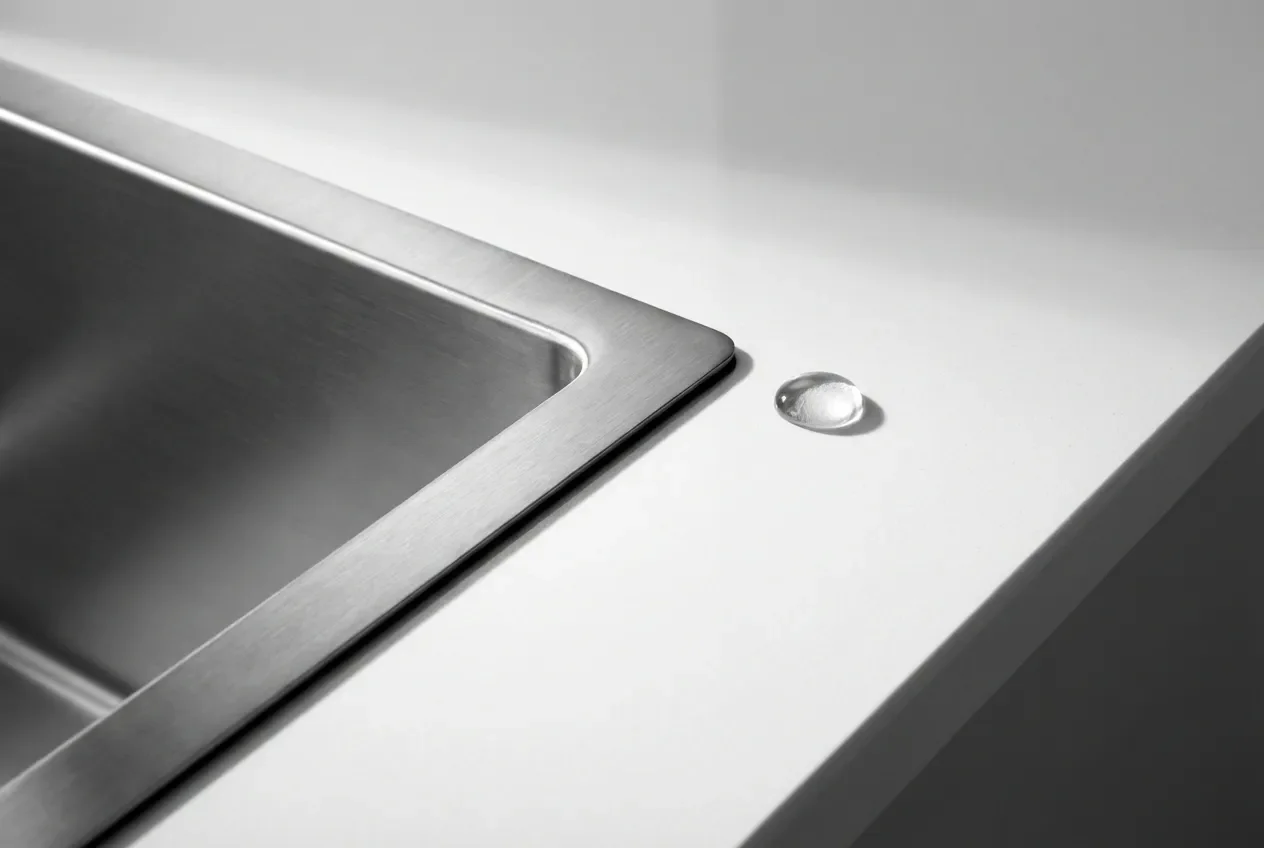 Lavello Filotop: Guida a Vantaggi, Materiali e Installazione Gros plan sur le joint parfait d'un évier filotop en inox intégré dans un plan de travail en quartz, illustrant la précision du design.