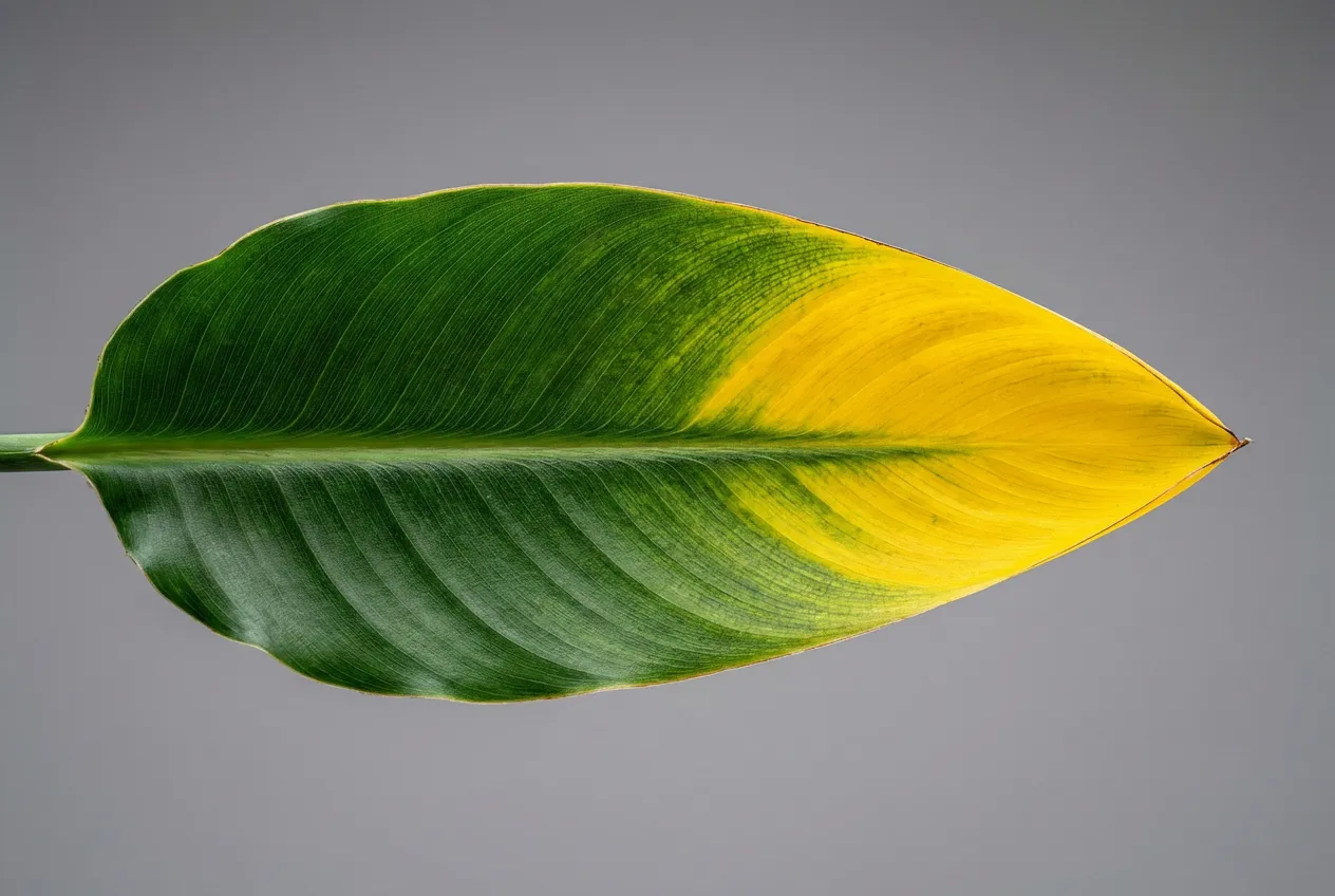 Strelitzia Foglie Gialle: Guida alle Cause e Soluzioni Gros plan macro d'une feuille de Strelitzia montrant la transition de couleur du vert au jaune, symbolisant le problème des feuilles jaunes.